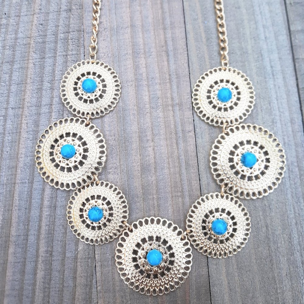 Gold Turquoise Boho Coin Necklace